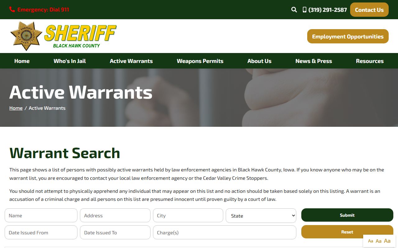 Black Hawk County warrant records after arrest search page