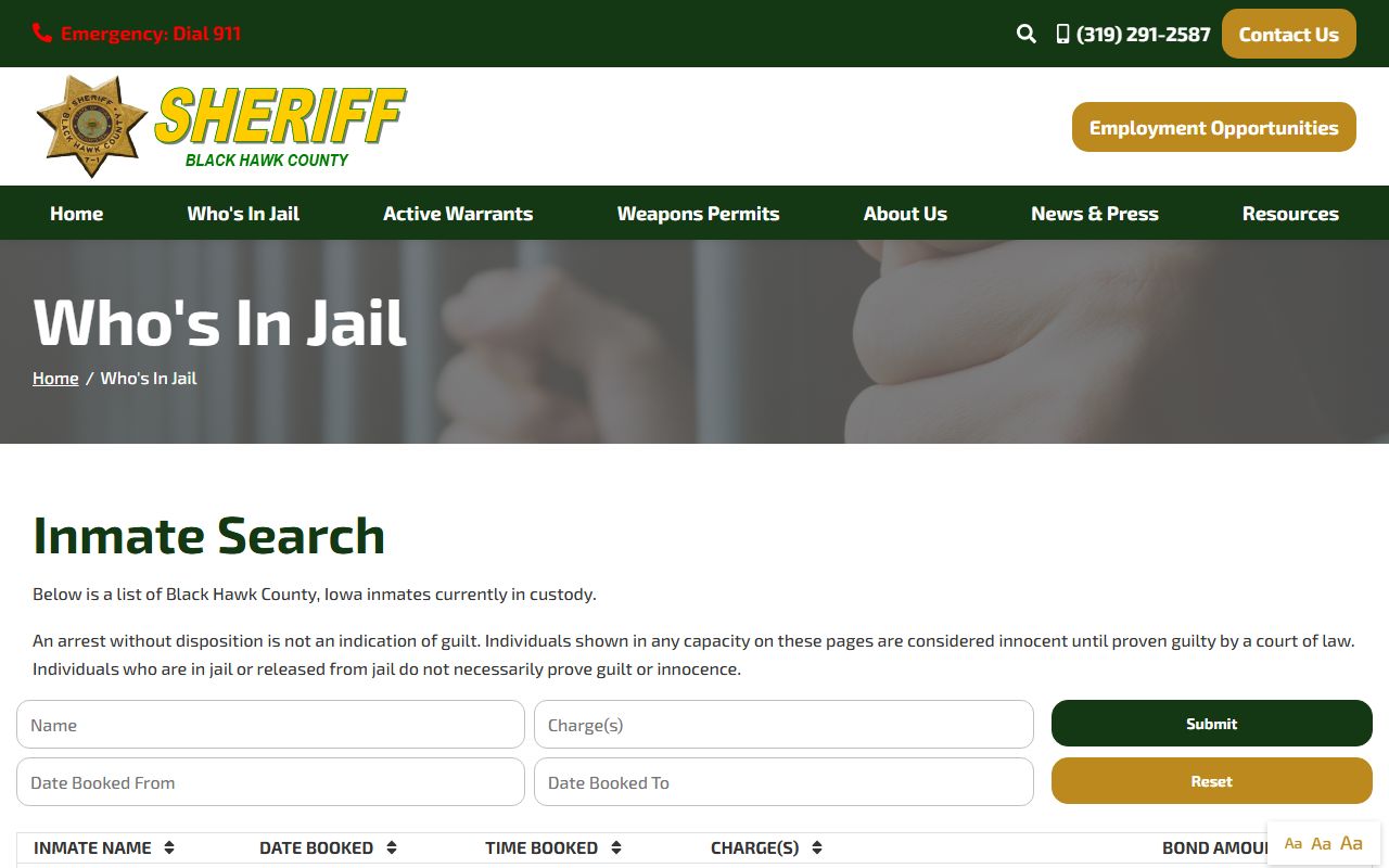 Black Hawk County jail roster current inmate search fields