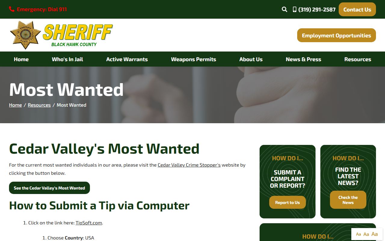 Black Hawk County most wanted page separate from jail roster mugshots