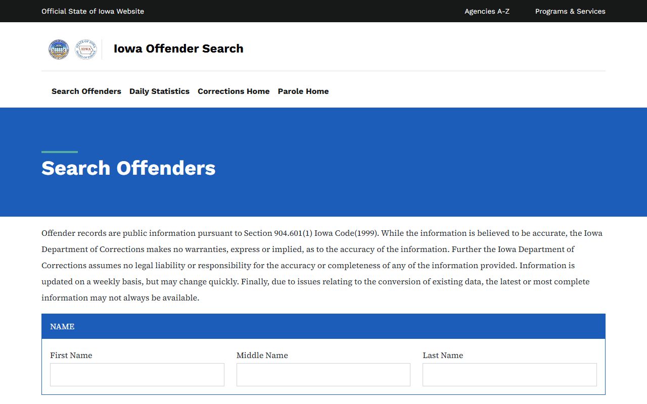 Iowa DOC offender search fields for Black Hawk County inmate lookup